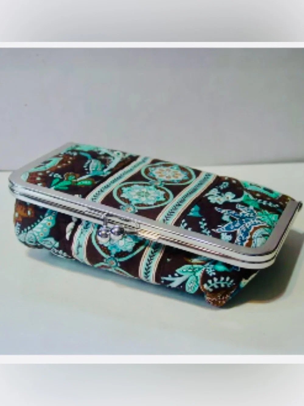 Vera Bradley Kisslock Makeup Pouch in Brown and Turquoise Floral Retired